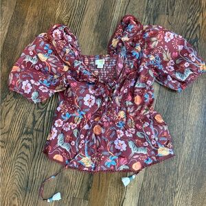 Maeve Burgundy Floral Puff-Sleeve Tie-Front Blouse